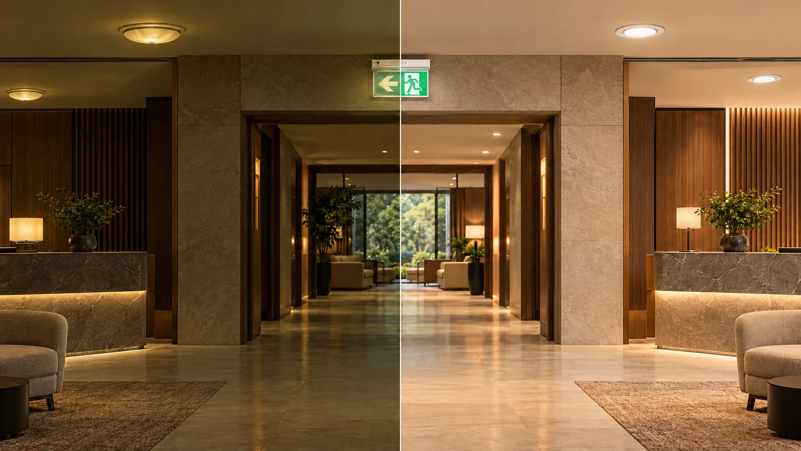 Hotel lobby compared – left with subdued light and an illuminated exit sign, right brighter with recessed downlights